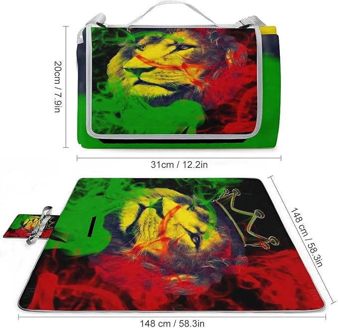 Jamaican Lion of Judah Rasta Lion King Waterproof Outdoor Picnic Blanket Sandproof Beach Mat for Camping Hiking Grass Travelling