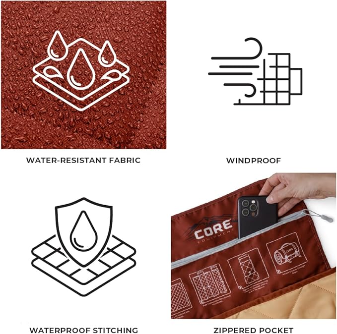 CORE Outdoor Weighted Blanket | Packable Waterproof Picnic Blanket Beach Mat Tent Camping Rug &amp Stadium Blanket | Large Portable 94 x 78 Quilt Design with Built-in Straps and Carry Handle