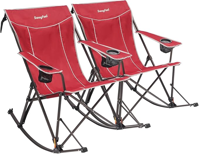 SUNNYFEEL Oversized Folding Rocking Camping Chair with Buckle Design 2 Pcak Outdoor Rocker High Back Lawn Camp Rocker Chair with Cup Holder 500 LBS for Outdoor/Camping/Lounge/Patio with Carry Bag