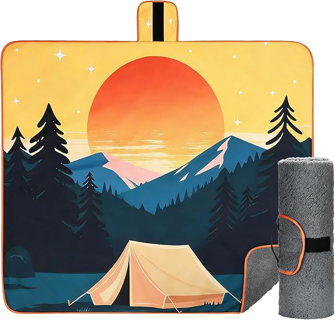 Tirrinia Waterproof Outdoor Blanket Warm Windproof Stadium Blankets with Sherpa Lining Foldable Camping Blanket Emergency Blanket with Mountain Landscape Design for Car Beach Picnic Hiking