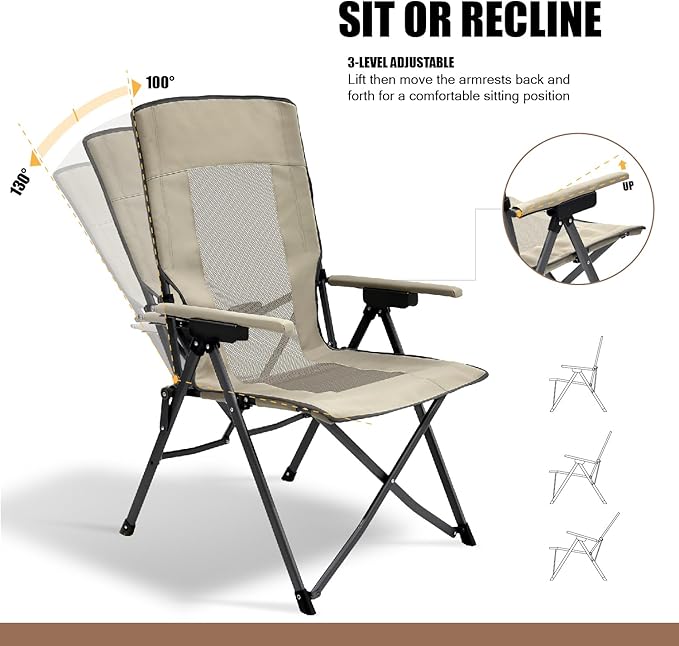 Oversized Hard Armrest Reclining High Back Camping Chair with Adjustable Backrest for Camping Sports Event Backyard Fishing Beach Tailgating