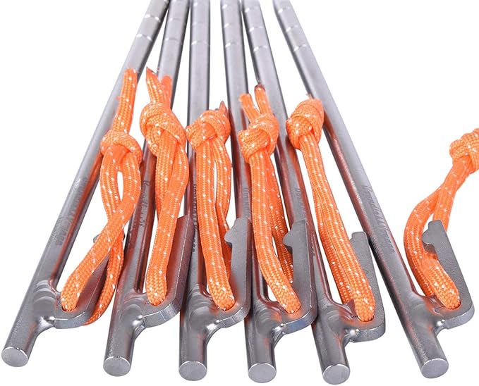 iBasingo 6-Pack Titanium Tent Stakes 20/24/30/35/40cm with Reflective Ropes Ultralight Backpacking Stakes for Camping Hiking Picnic Corrosion-Resistant &amp Durable Ground Pegs Ti4012P