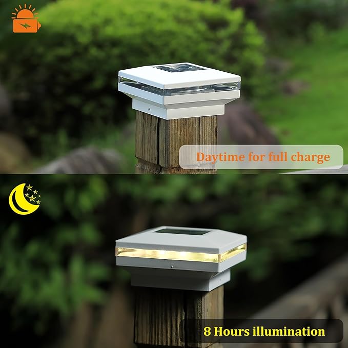 Dynaming 12 Pack Solar Post Lights Outdoor Solar Powered Decorative Post Cap Light White Shell &amp Warm White LED Lighting for Fence Deck Patio Only Fit 3.5x3.5 Wooden Posts