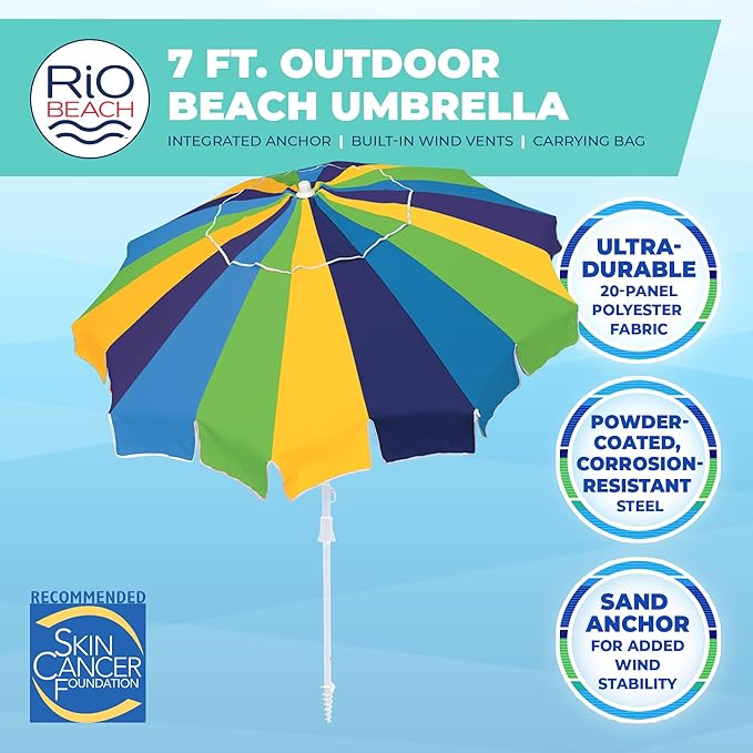 Rio Brands 7' Alternating 20-Panel Beach Umbrella with Sand Anchor and Carrying Bag Blue Multicolor