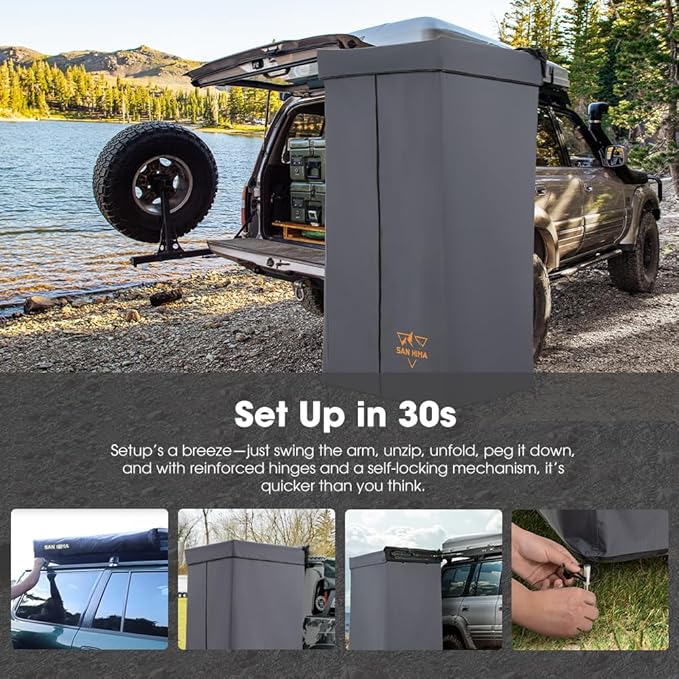 SanHima Awning Shower Tent with 90° Swing Arm - Car Side Shower Room w/LED Light Camping Waterproof Portable Privacy Shelter Bathroom Overland Gray