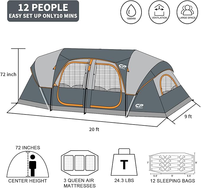 CAMPROS CP Tent 12-Person-Camping-Tents3 Room Family TentsWaterproof Windproof Family Tent with Top Rainfly6 Large Mesh WindowsDouble LayerEasy Set Up Portable with Carry Bag-20' x 9' x 72(H)