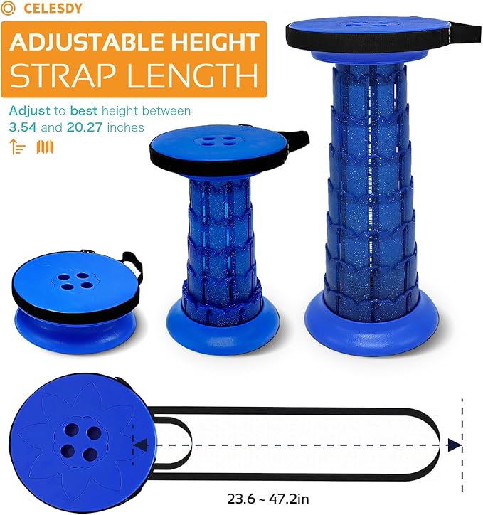 Adjustable Retractable Portable Collapsible Folding StoolCompact Telescoping Stool for Adults Heavy Duty with Load Capacity 770 lbs Chair Camping Travel Hunting (Blue) HX20210818