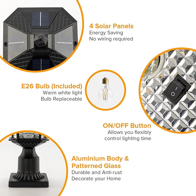 LUTEC Outdoor Solar Lamp Post Light with Pier Mount Base Dusk to Dawn Waterproof Pole Light Head with Patterned Glass Exterior Black Solar Powered Fence Post Light Fixtures for Outside