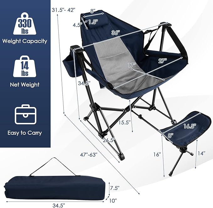 KOTEK Hammock Chair Portable Camping Chair with Retractable Footrest Adjustable Backrest Headrest Cup Holder &amp Carry Bag Folding Rocking Chair for Outdoor Lawn Patio Travel Picnic Fishing (Na