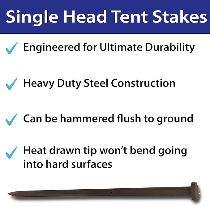 Single Head Tent Stakes - Heavy Duty Steel Tent Stakes Versatile Ground Spikes to Anchor Commercial Inflatables Party Tents and Outdoor Camping Shelters 3/4 x 30 Inch 10-Pack