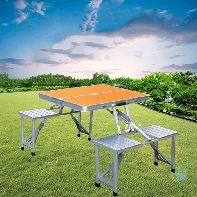 Outdoor Camping Folding Table and Chair One Table Four Chairs Aluminum Alloy Connected Simple Portable Folding Picnic TableSilver