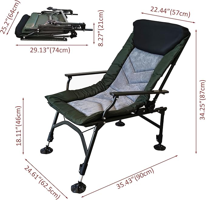 Camping Lounge Chair Portable Folding Reclining Camping Chair with Adjustable backrest for Indoor and Outdoor Camping Beach Hiking Fishing Green+Black+Grey