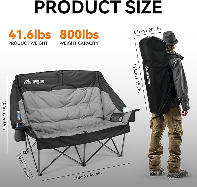 High Back Double Camping Chair 2 Person Camping Chair Low Seat Loveseat Camping Chair Fully Padded Oversized Camping Couch for Adults - Supports 650 LBS with Cup Holders Carry Bag - Black