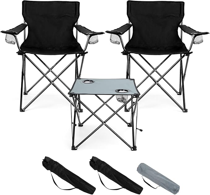 HaSteeL Folding Camping Chair Set of 3 Foldable Black Camp Chairs &amp Grey Table Large Lawn Chair Portable for Adults Hiking Fishing Picnic Outdoor BBQ Travel Sports Cup Holders &amp Storag