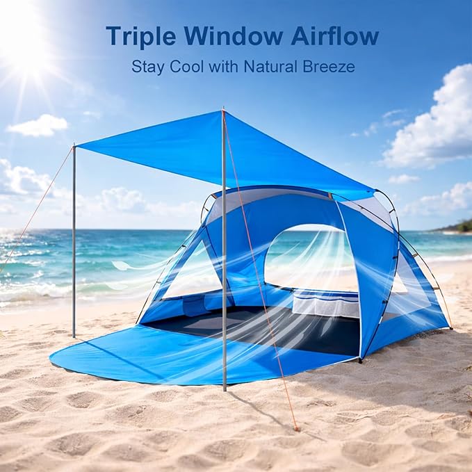 Beach Tent Portable Sun Shelter for 2/3/4/6-8 Person with UPF 50+ UV Protection Easy Setup Waterproof Beach Shade Canopy Cabana for Family Outdoor and Picnics Fishing with Carrying Bag