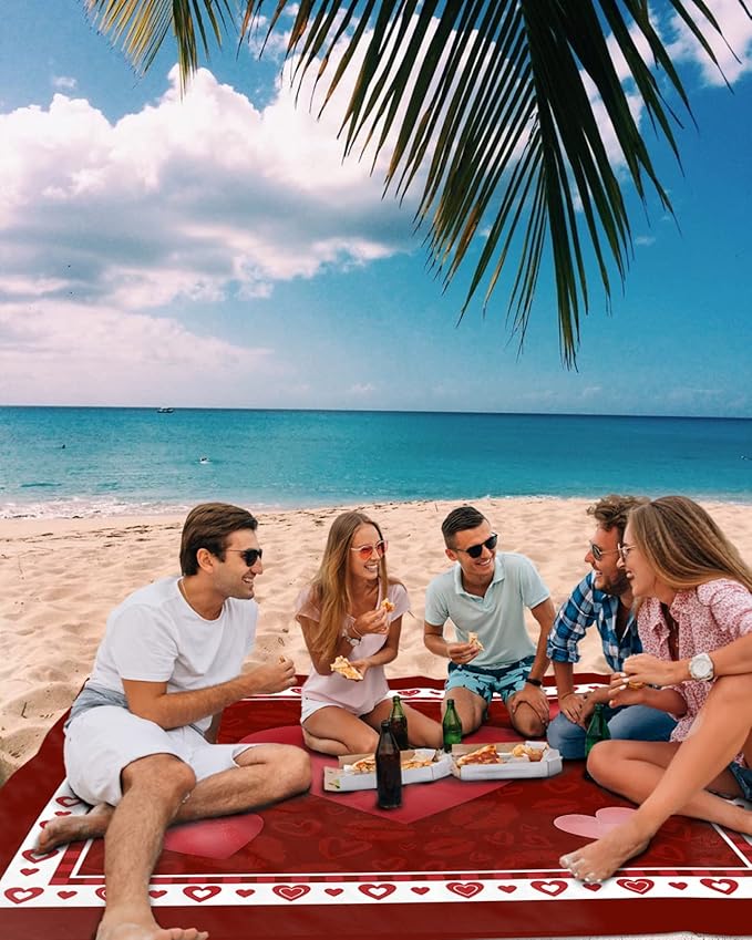 Beach Blanket Waterproof Sandproof OversizedValentine's Day Romantic Love Hearts Beach Mat with Corner Stakes Sand PocketsLip Kiss Texture on Red Outdoor Picnic Mat for Travel Camping83x79In