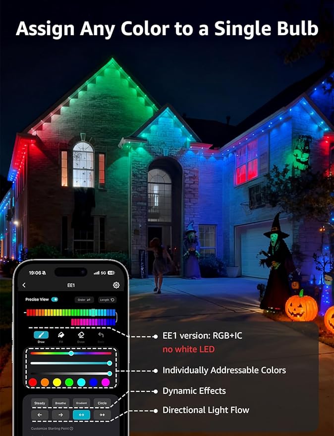 Lepro EE1 AI Permanent Outdoor Lights with Dual-Output 300ft 180 LED RGB+IC Smart Outside Light for House Christmas DecorAlexa Google Enabled 2.4 GHz WiFi/Bluetooth APP Control No Remote Controller