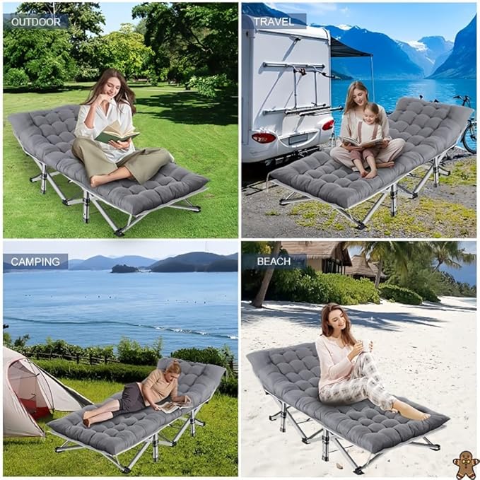 560-760 pounds Portable Folding Camping Bed (with Mattress) - Can be Used as a Recliner - Breathable Fabric Thick Steel Frame (Gray660 lbs)