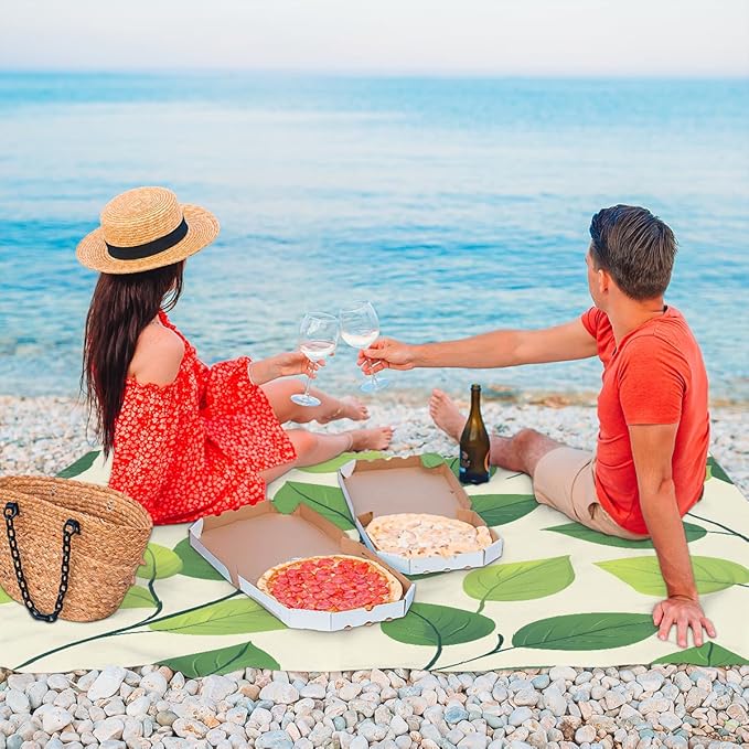 Waterproof Sandproof Beach Blanket 59''×68'' Seamless Patter Leaves Polyester Outdoor Picnic Blanket with 4 Stakes &amp Storage Bag for BeachCampingVacation