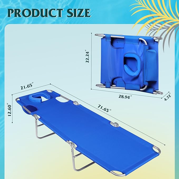 WLIVE Beach Lounge Chair for Adults 4-Position Folding Tanning Chairs with Face Hole 2 Legs Support Portable Outdoor Chair for Beach Pool Blue
