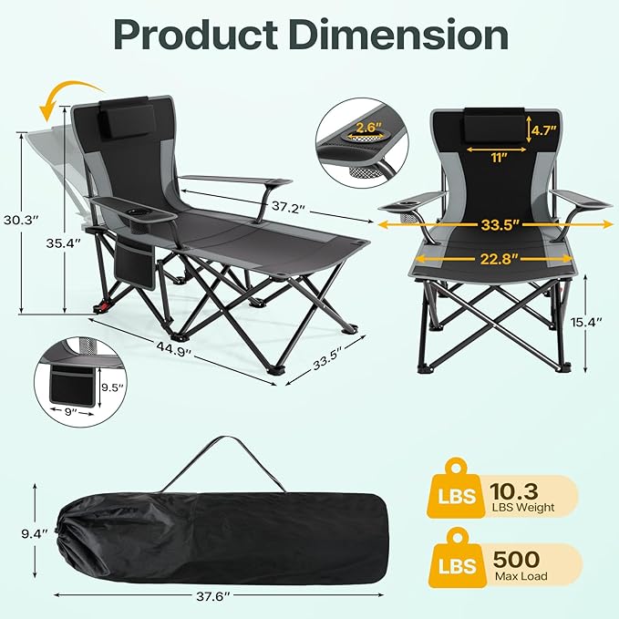 Suteck Camping Chair with Foot Rest Lightweight Foldable Beach Chairs Black-Gray