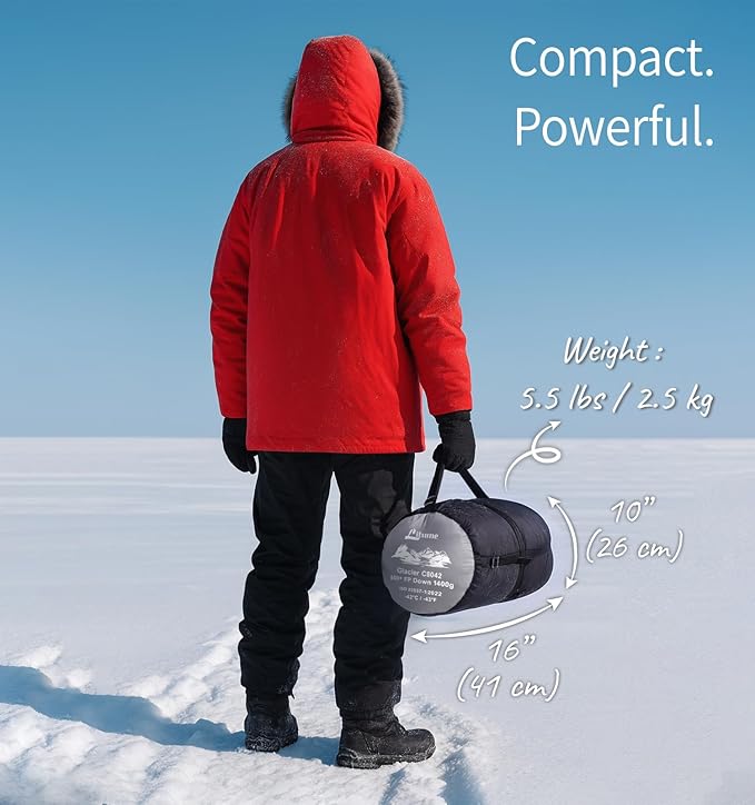 Litume Glacier -58°F Sleeping Bag Extreme Cold 800+ Fill Power Down Expedition-Grade Mummy Design Water-Repellent 20D Nylon Tested for Winter Camping &amp Mountaineering