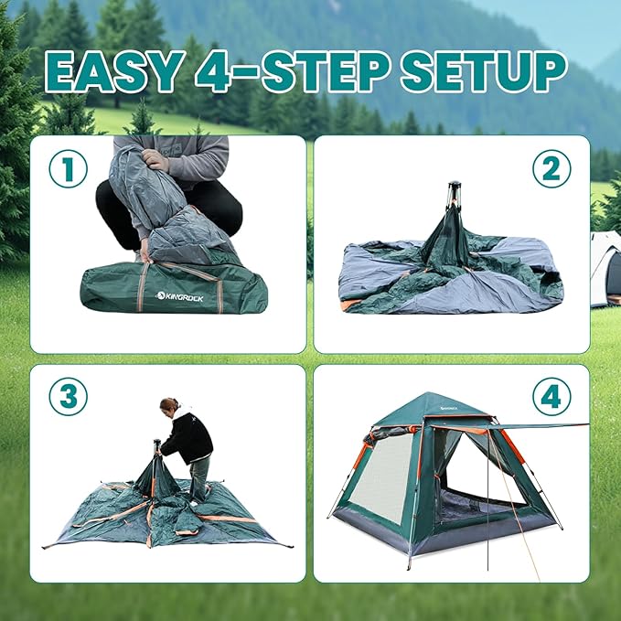 KINGROCK Blockout Camping Tent Instant Easy pop up Camping TentAutomatic Waterproof Family Tents for Camping 4 Person Easy Set Up TentsPortable Windproof Dome Tent for Camping