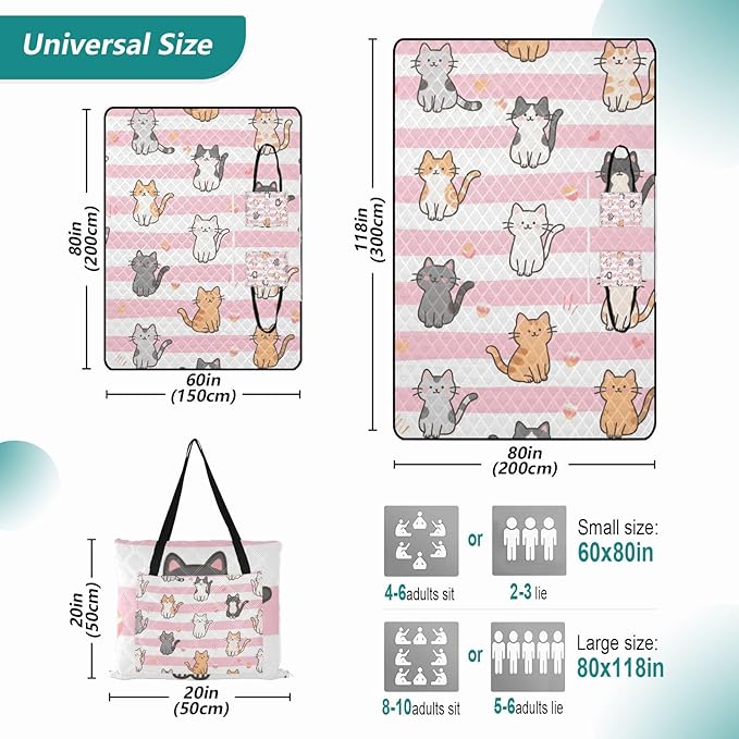 KLL Pink White Stripes Cartoon Cat Waterproof Picnic Essentials Packable Hiking Camp Rug for Ground Spring Gifts manta para picnic campo