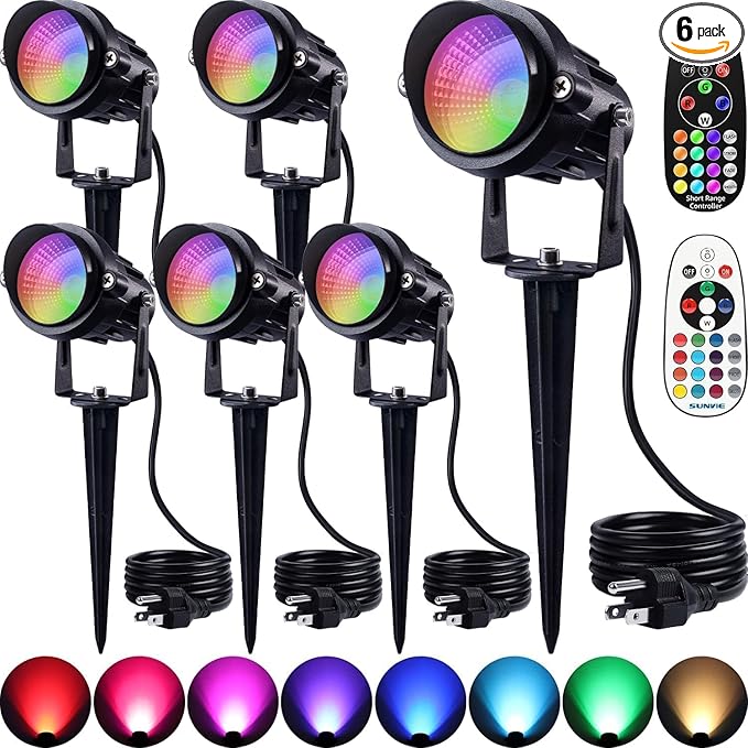 SUNVIE RGBW Spot Lights Outdoor Color Changing Landscape Lighting 12W LED Outdoor Spotlights with Remote Control 120V Waterproof Colored Spotlights for House Garden Yard Tree Decorative 6 Pack