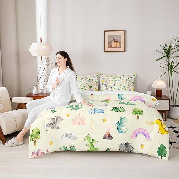 Kids Baby Dragon 7 Piece Bedding Set Twin Size Animal Comforter Set with SheetsPillowcases &amp Cushion Cover for Boys Girls Teens Bedroom Decor Cartoon Wildlife Bed in a Bag Microfiber Women Men Be