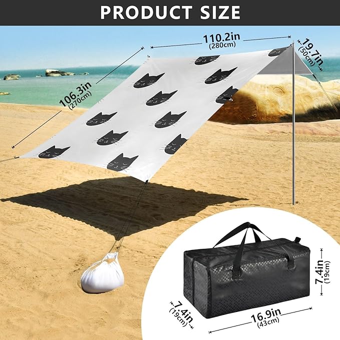 ALAZA Cat Black Kitten Beach Tent Sun Shelter UPF50+ Protection Beach Shade Canopy w/ 4 Sandbags for Outdoor Camping Fishing Backyard Fun Picnic 10x9 ft