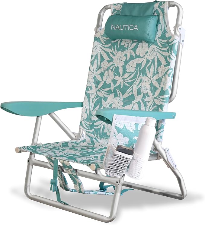 Nautica Backpack Beach Chair – 5 Position Reclining Portable Folding Beach Chair for Adults with Padded Pillow Headrest Insulated Cooler Bag Double Cup Holders Outdoor Folding Chair 300lb