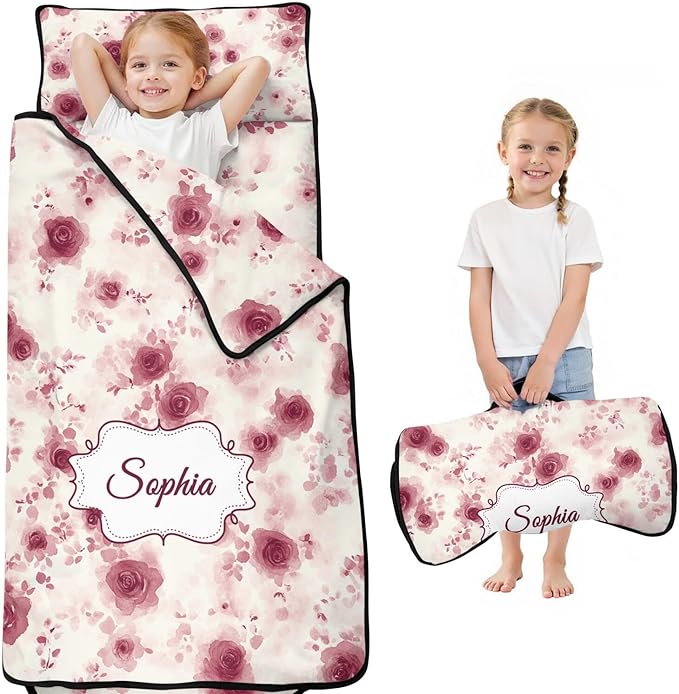 Custom Toddler Nap Mat with Name – Personalized Sleeping Bag for Kids with Pillow and Blanket Roll-Up Design