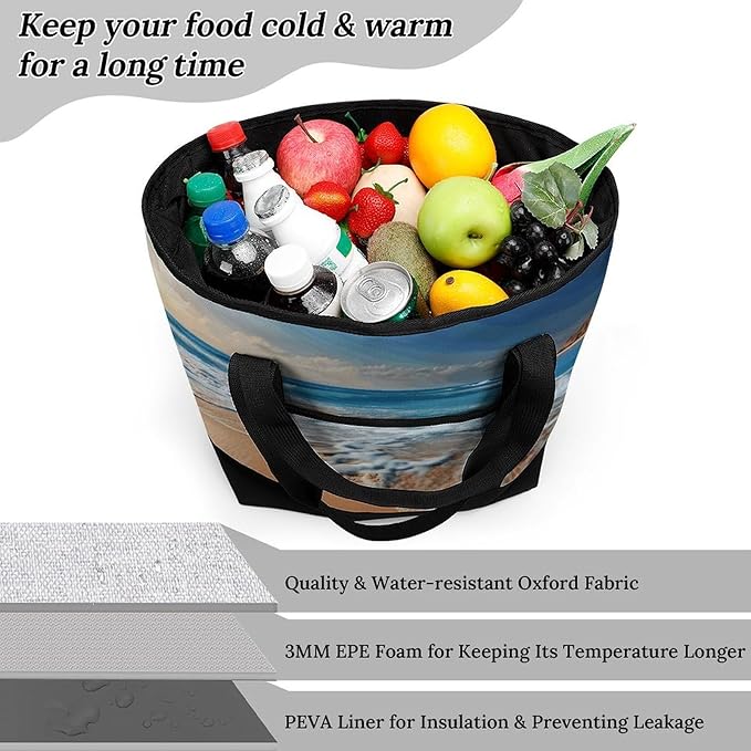 Insulated Shopping BagLarge Reusable Cooler Bags Blue Sea Sandy Beach Printed Foldable Shopping BagTravel Waterproof Shoulder Bag