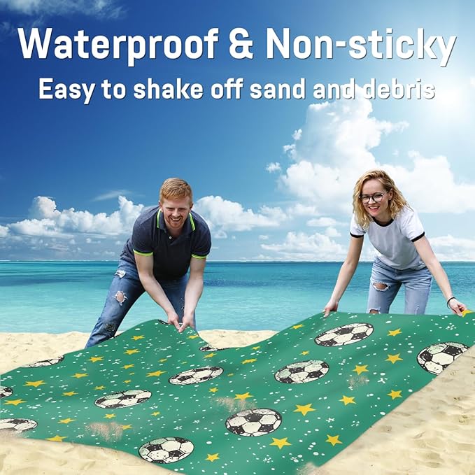 Waterproof Sandproof Beach Blanket 59''×68'' Football Polyester Outdoor Picnic Blanket with 4 Stakes &amp Storage Bag for BeachCampingVacation Bamboo Green