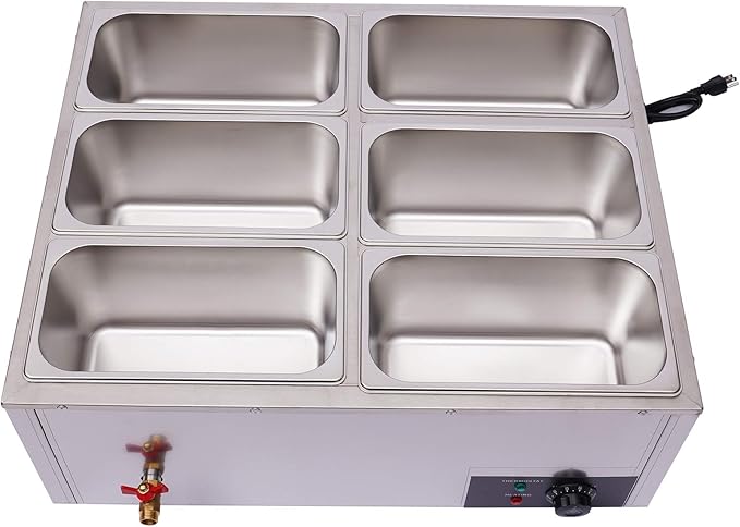 Countertop Food Warmer 850W 6-Pan Electric Steam Table 15cm/5.9inch Deep 7L Large Capacity Stainless Steel Buffet Steam Warmer for Catering and Restaurants 110V(7L / 6-Pan)