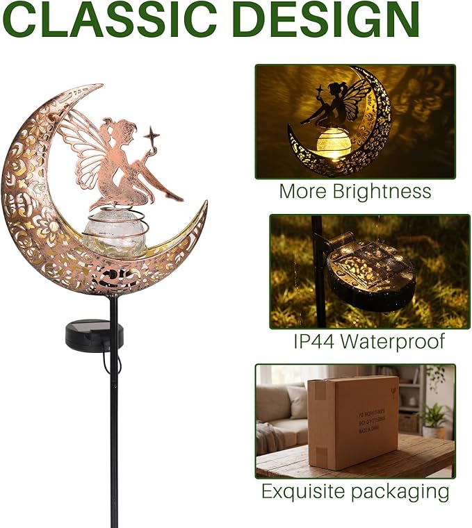 MEBRUDY Fairy Solar Garden Outdoor Decor Moon Figurine Light Stake Housewarming Ornament for Patio Lawn Yard Pathway Unique Gift Ideas for Gardening Mom Grandma Women