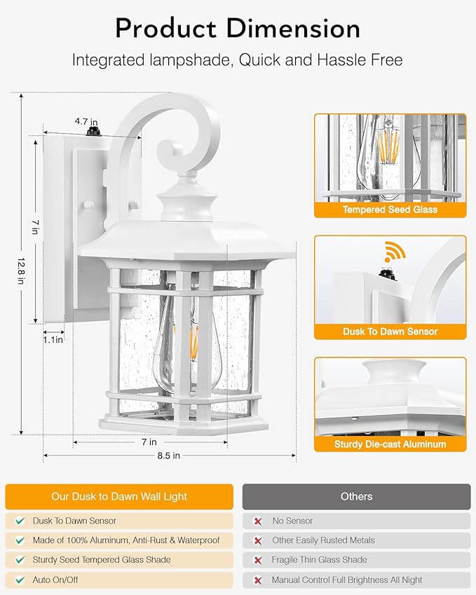 VIANIS White Outdoor Wall Lights Dusk to Dawn Outdoor Light Fixture 100% Aluminum Exterior Lighting Fixtures for House Porch Garden Doorway Waterproof