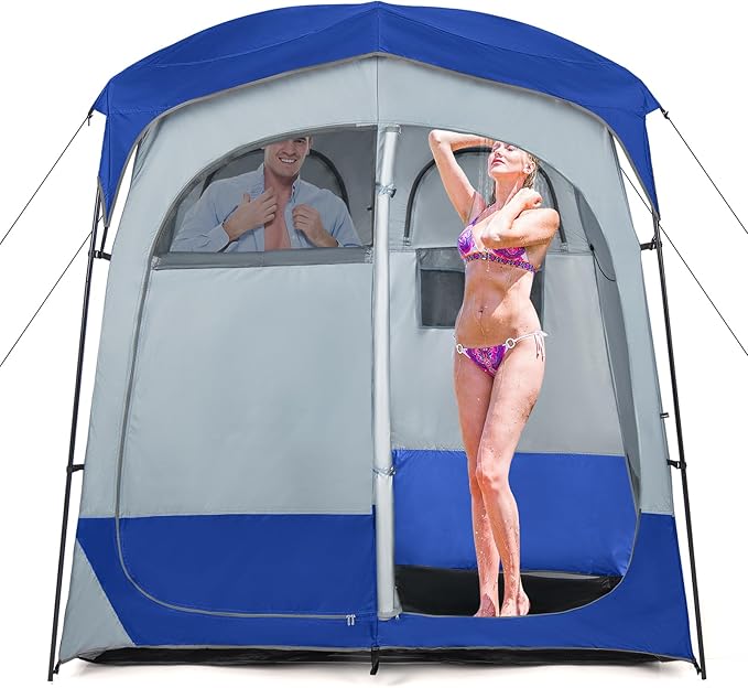 LDAILY Camping Shower Tent 2 Room Instant Privacy Tent with Floor Removable Rain Cover Mesh Window Inside Pocket and Clothesline Portable Changing Room for Outdoor Toilet Dressing