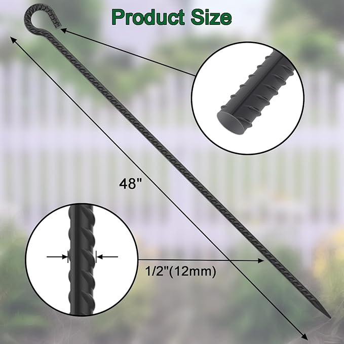Rebar Stakes 48 Inch 1/2 Inch Diameter Heavy Duty Metal Tree Spikes 6Pcs Garden Rope Fence Stake for Creating a Rope Border Around Flower Beds Fence Trees Garden Paths Walkways Fountains (Black)
