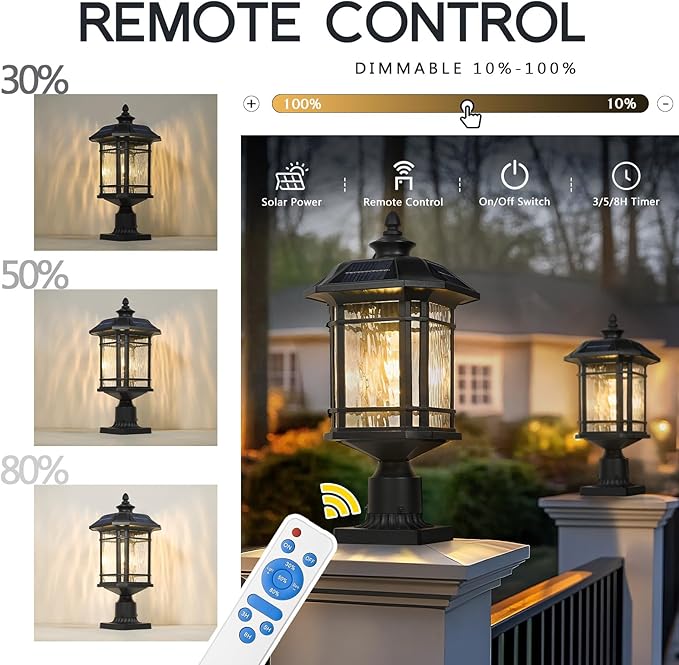 Emliviar 20.5 Solar Post Light Outdoor Large Black Solar Column Light Head with Remote Control LED Exterior Fence Lamp with Water Grain Glass 22021MP-SL BK