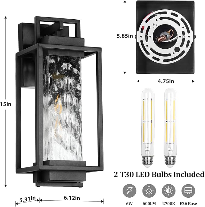 BesLowe 2-Pack Modern Outdoor Wall Lights with 2 LED Bulbs 15’’ Exterior Lighting Fixtures Wall Mount with Water Ripple Glass Black Porch Lights Outdoor Wall Sconces Outside Lights for House Garage