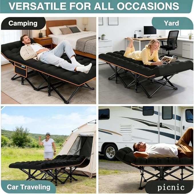 Comfortable and Soft Folding Bed Portable Camping cot with Side Pockets and Mattress Extra-Thick Oversized Folding Bed Weight Capacity of 500/600/700 lbs (Black 700lbs)