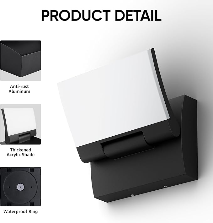 LED Outdoor Wall Light 2-Pack Rotatable Adjustable Wall Sconce IP65 Waterproof Porch Light for House Garage Patio 3000K Warm White Matte Black Aluminum