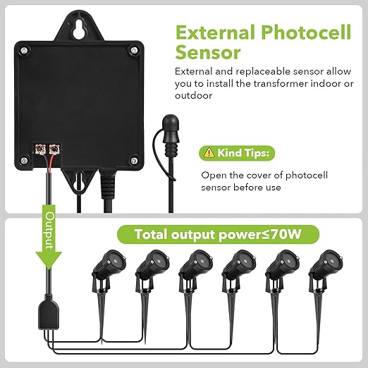 70W Low Voltage Landscape Transformer with Timer and Photocell AC 120V to 12V DCWaterproof Outdoor Landscape Lighting Transformer for Landscape SpotLights Pathway Lights