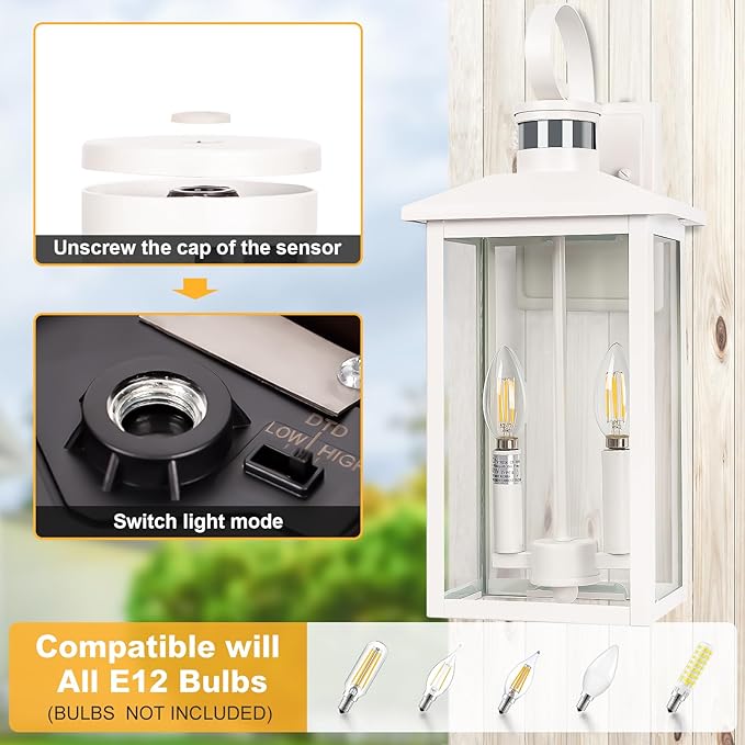 White Motion Sensor Light Outdoor 18 ETL Listed Outdoor Lights with Sensor Detection 2-Light Aluminum White Exterior Light Fixture with E12 Socket Outside House Lights Wall Mount