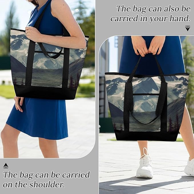Insulated Shopping BagLarge Reusable Cooler Bags Alaska Mountains Printed Foldable Shopping BagTravel Waterproof Shoulder Bag
