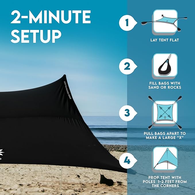 Neso Gigante Portable Beach Tent Sun Shelter - Lightweight Beach Shade Canopy - Easy Setup for Family Outings - Patented Reinforced Corners - UPF 50+ Sun Protection - 8ft Tall 11 x 11ft - Black