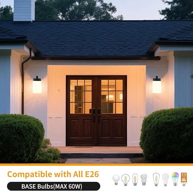 Outdoor Wall Lamp Waterproof and Anti-Rust Aluminium Modern Wall Light Fixture Milk Glass Indoor for OutsideGarden Matt Black
