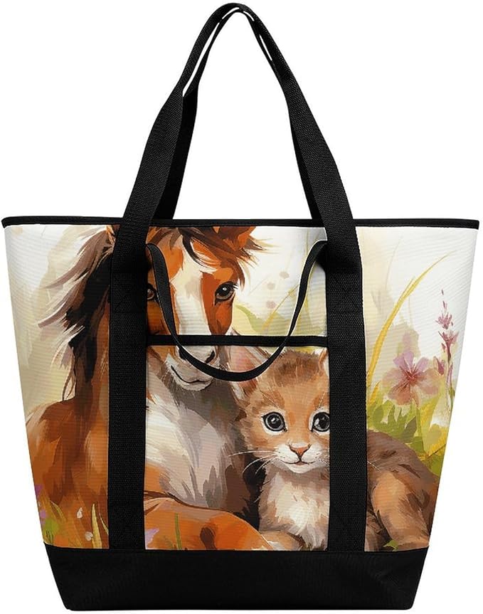 Insulated Shopping BagLarge Reusable Cooler Bags Cute Horse And Cat Printed Foldable Shopping BagTravel Waterproof Shoulder Bag
